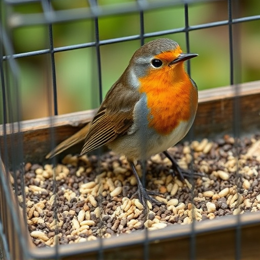 Robin pecking seed inside caged tray