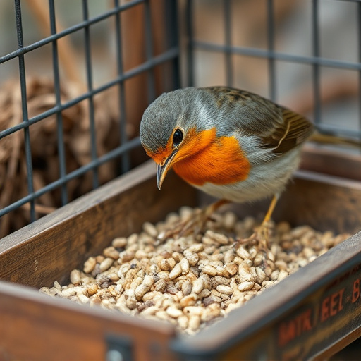 Robin pecking seed inside caged tray