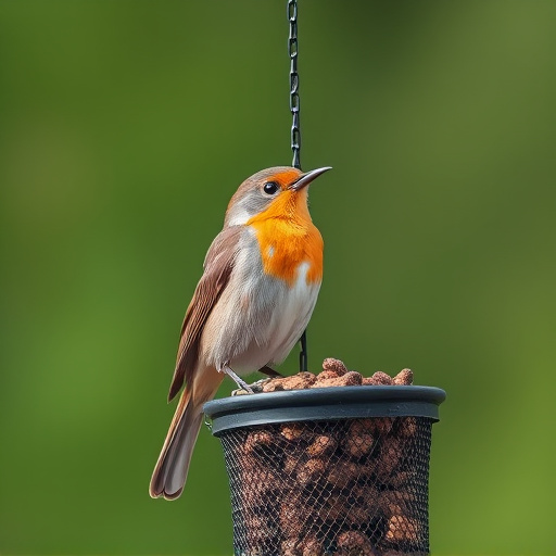 Robin perched beside mesh mealworm feeder