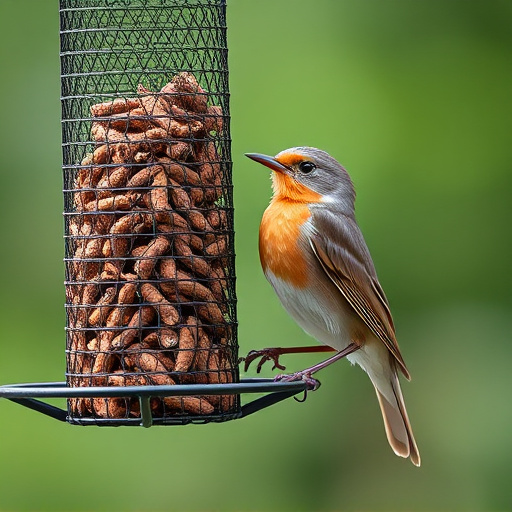Robin perched beside mesh mealworm feeder