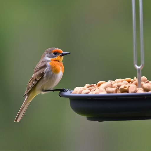 Robin perched near peanut-filled feeder