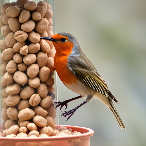 Robin perched near peanut-filled feeder