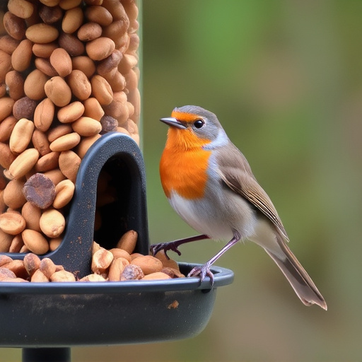 Robin perched near peanut-filled feeder