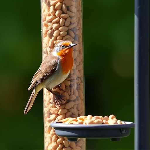 Robin perched near peanut-filled feeder