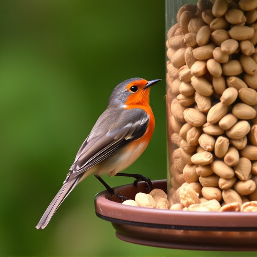 Robin perched near peanut-filled feeder
