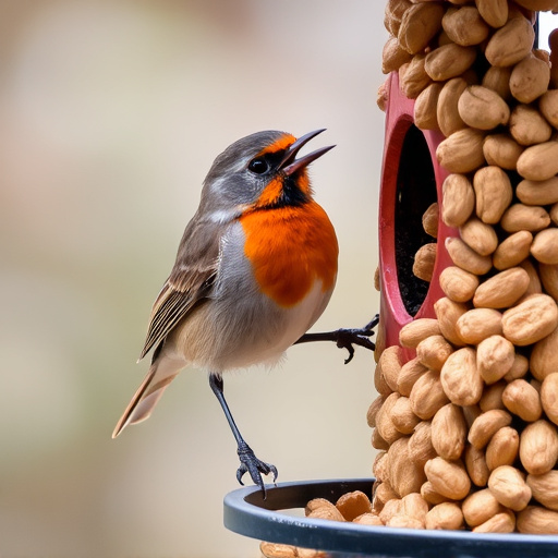 Robin perched near peanut-filled feeder