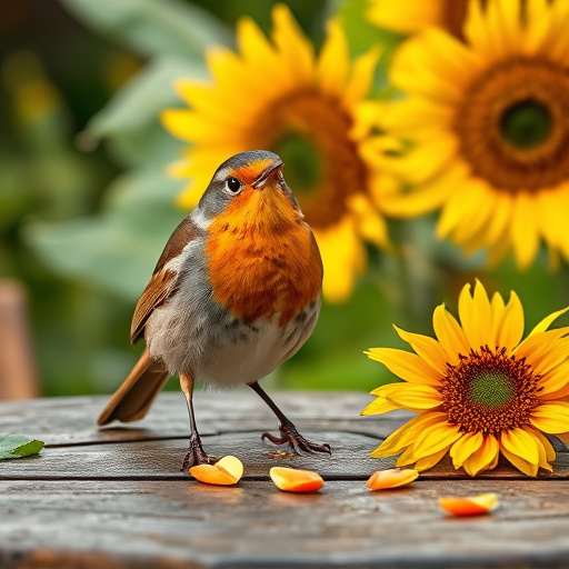 Robin perched near sunflower hearts on table