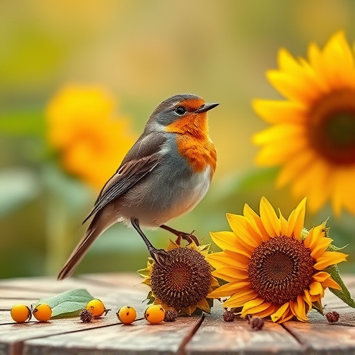 Robin perched near sunflower hearts on table