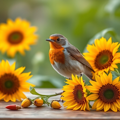 Robin perched near sunflower hearts on table