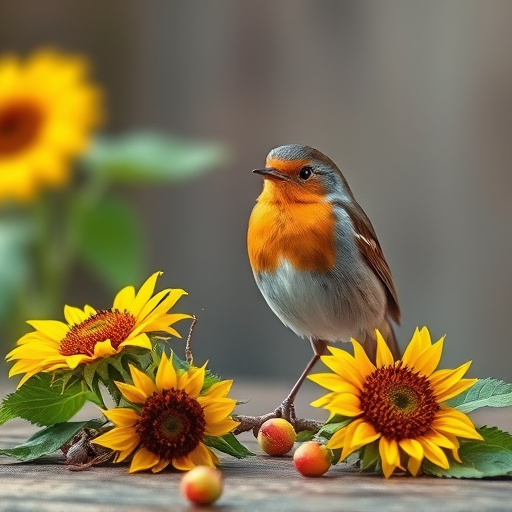 Robin perched near sunflower hearts on table