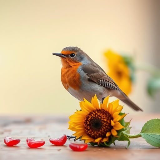 Robin perched near sunflower hearts on table