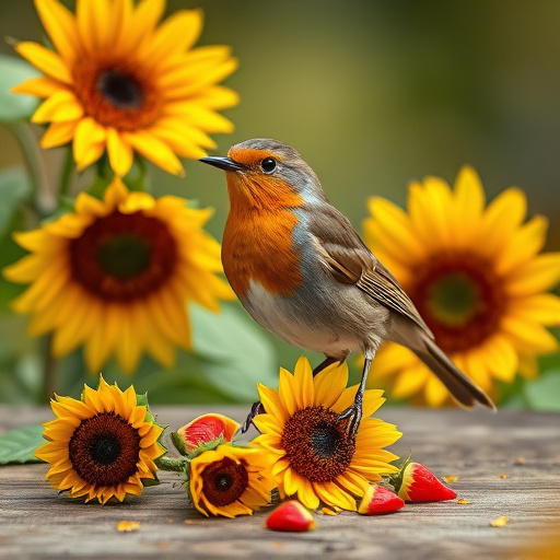 Robin perched near sunflower hearts on table