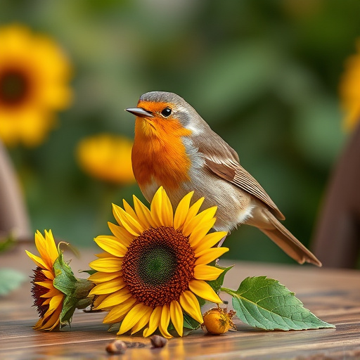 Robin perched near sunflower hearts on table