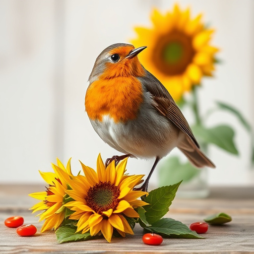 Robin perched near sunflower hearts on table