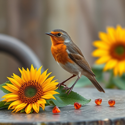 Robin perched near sunflower hearts on table