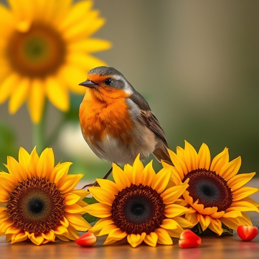 Robin perched near sunflower hearts on table