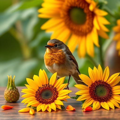 Robin perched near sunflower hearts on table