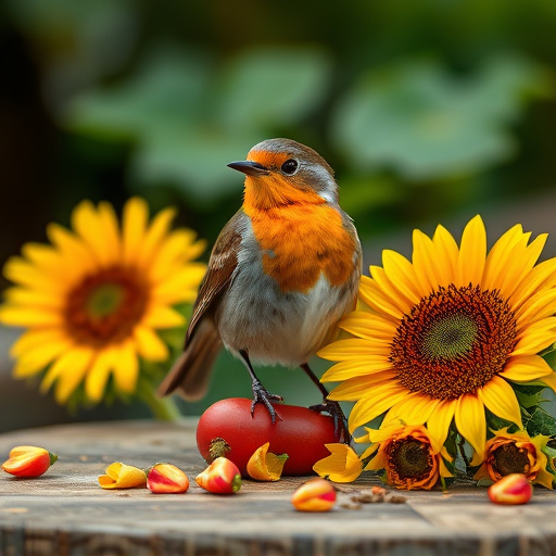 Robin perched near sunflower hearts on table