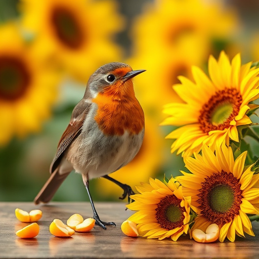 Robin perched near sunflower hearts on table