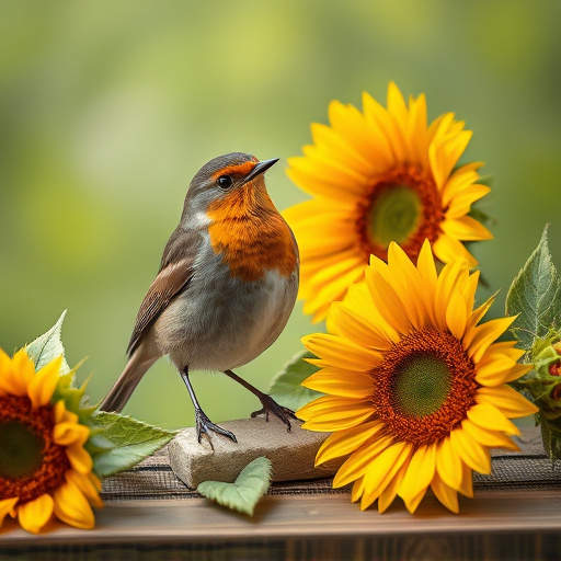 Robin perched near sunflower hearts on table