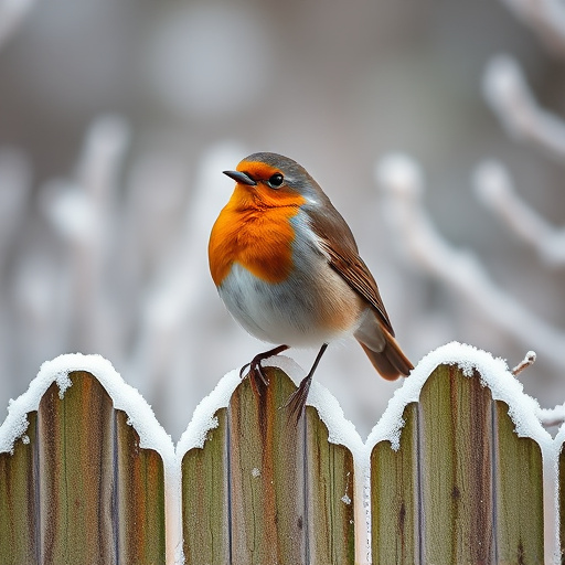 Robin perched on frosty garden fence