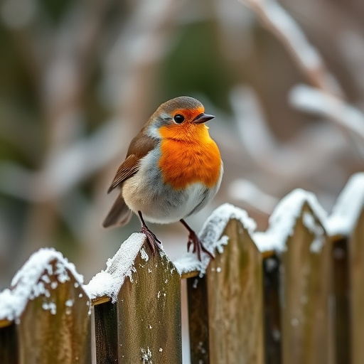 Robin perched on frosty garden fence
