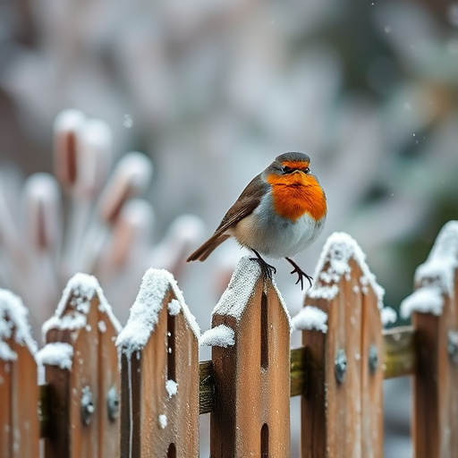Robin perched on frosty garden fence