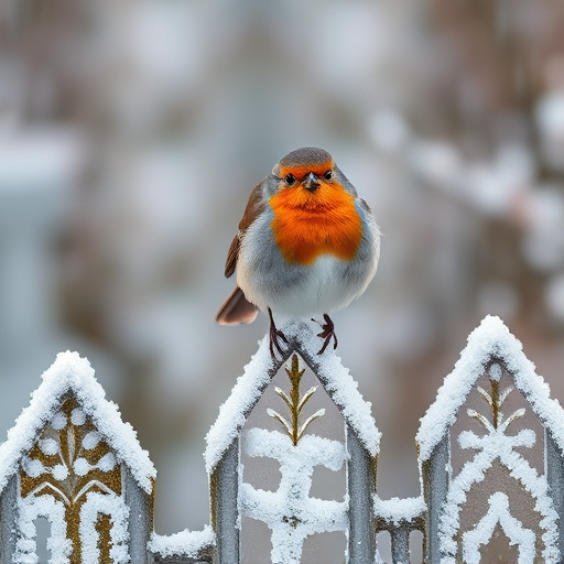 Robin perched on frosty garden fence