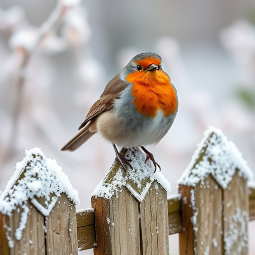 Robin perched on frosty garden fence