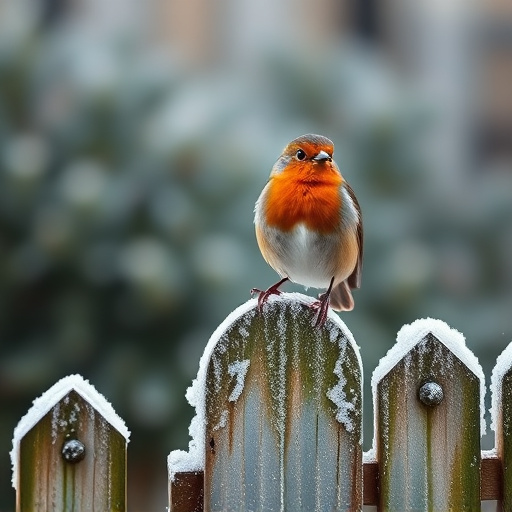 Robin perched on frosty garden fence