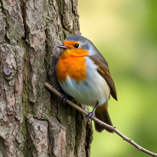 Robin resting near tree trunk
