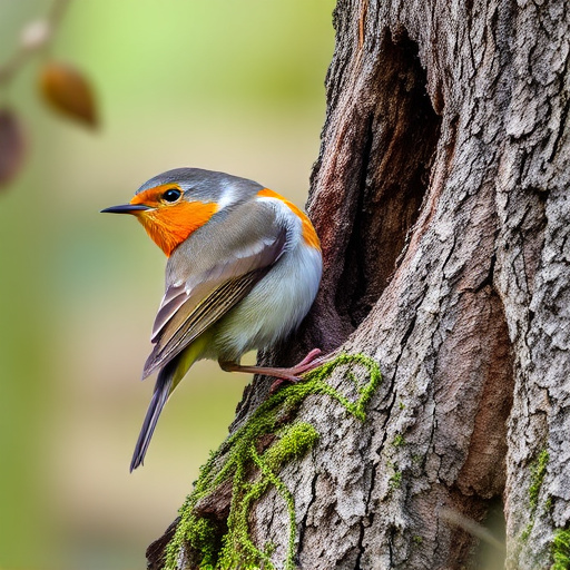 Robin resting near tree trunk