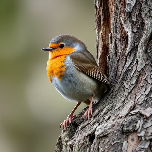 Robin resting near tree trunk