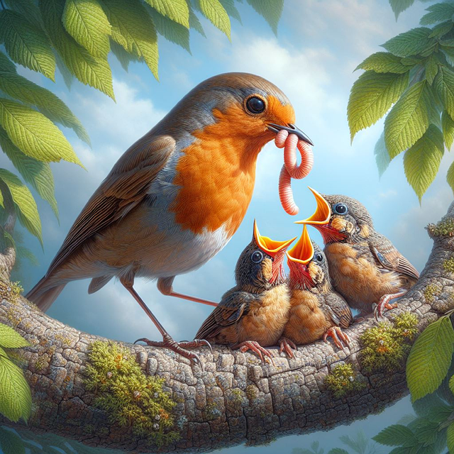 Robins feeding on chopped apples