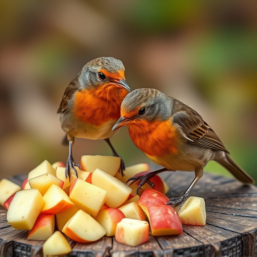 Robins feeding on chopped apples