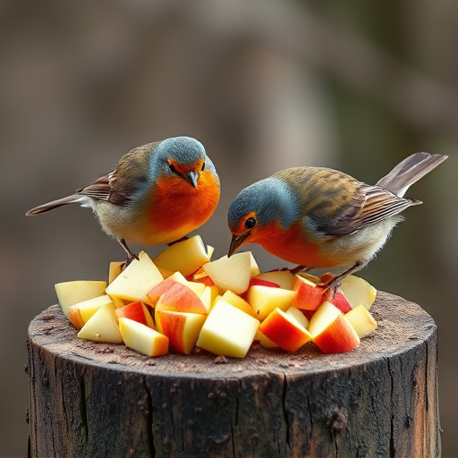 Robins feeding on chopped apples