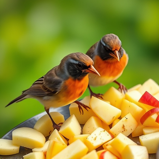 Robins feeding on chopped apples