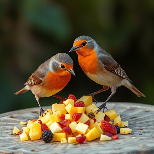Robins feeding on chopped fruit pieces