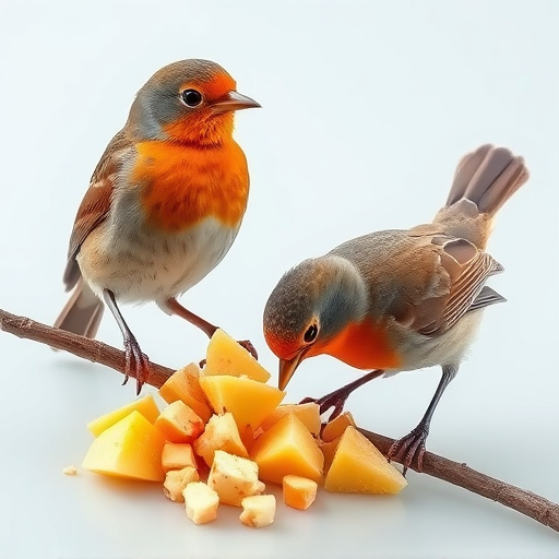 Robins feeding on chopped fruit pieces
