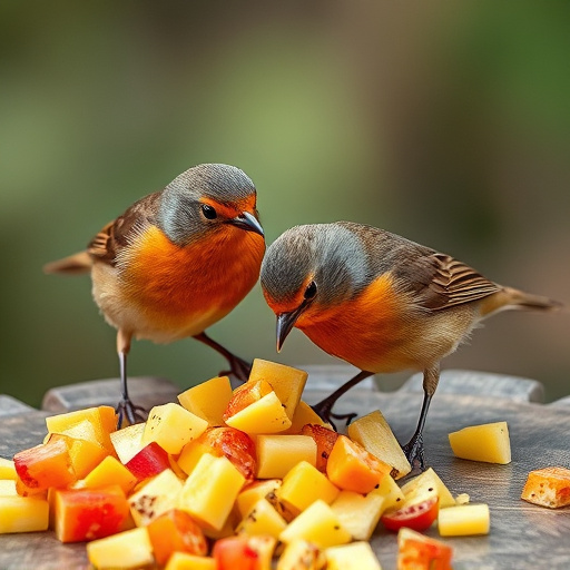 Robins feeding on chopped fruit pieces
