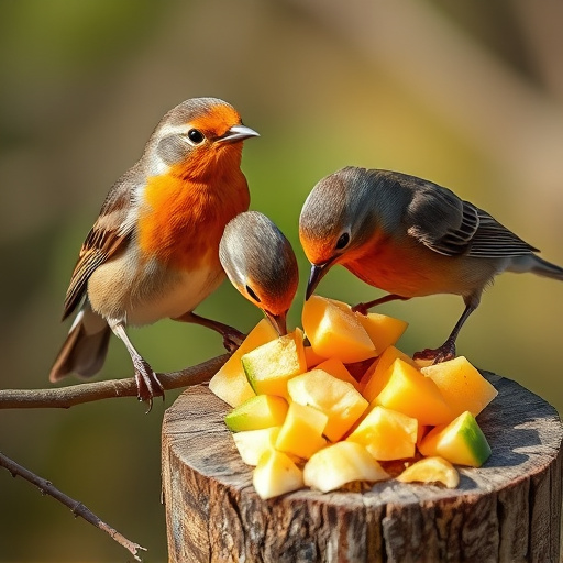 Robins feeding on chopped fruit pieces