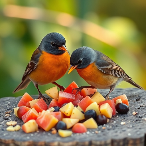Robins feeding on chopped fruit pieces