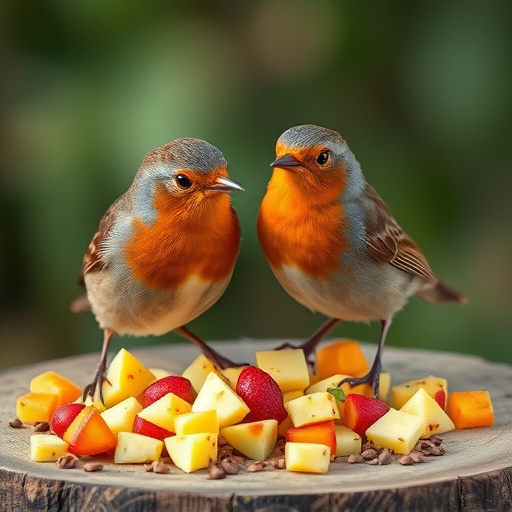 Robins feeding on chopped fruit pieces