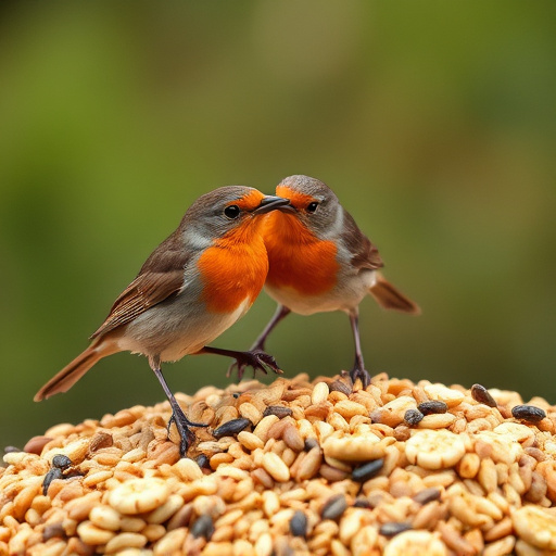 Robins pecking at scattered seed