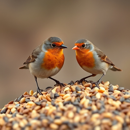 Robins pecking at scattered seed