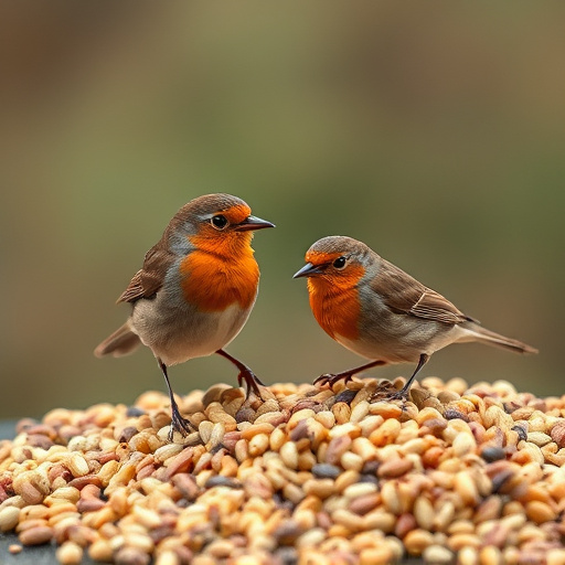 Robins pecking at scattered seed