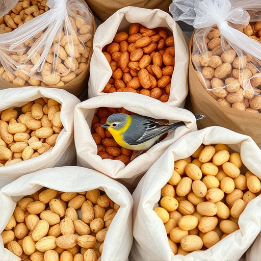 Selection of bird peanuts in bags