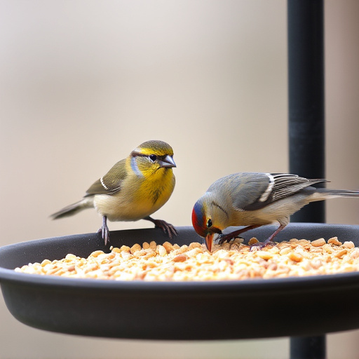 Small birds eating seed from tray