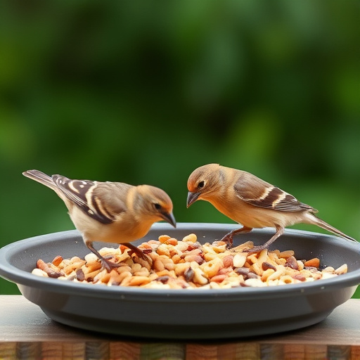 Small birds eating seed from tray