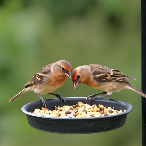 Small birds eating seed from tray